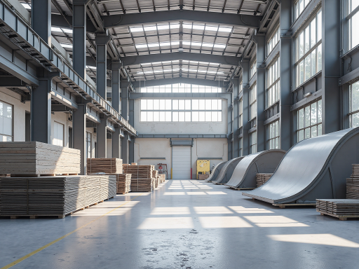 现代化工厂外景，灰色建筑配玻璃幕墙，阳光照射下显得现代化，周围绿化环绕，体现环保理念