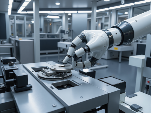 现代化智能工厂概念图，机器人手臂操作，数字化屏幕显示，体现智能制造发展方向